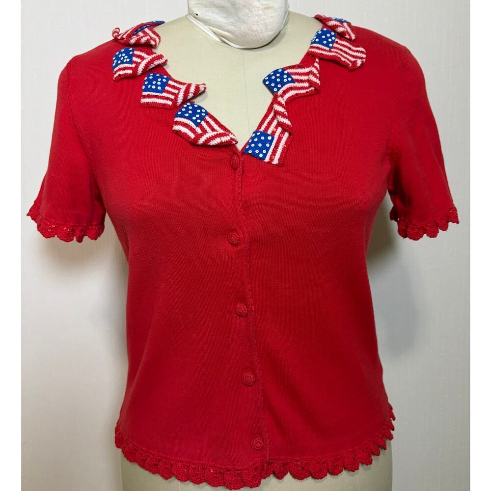 VTG Michael Simon Shirt Sleeve American Flag Cardigan Small Embroidered Sequined